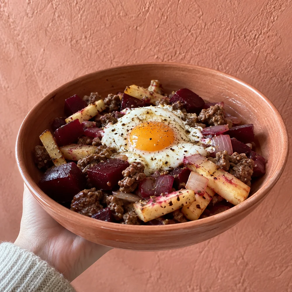 Paleo parsnip and beetroot hash with beef mince and egg