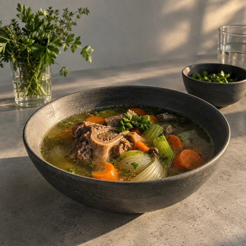 Paleo beef bone broth with root veg