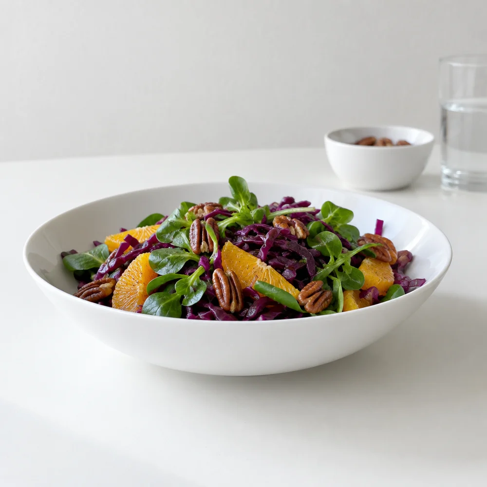 Paleo red cabbage salad with orange, pecans and lamb's lettuce