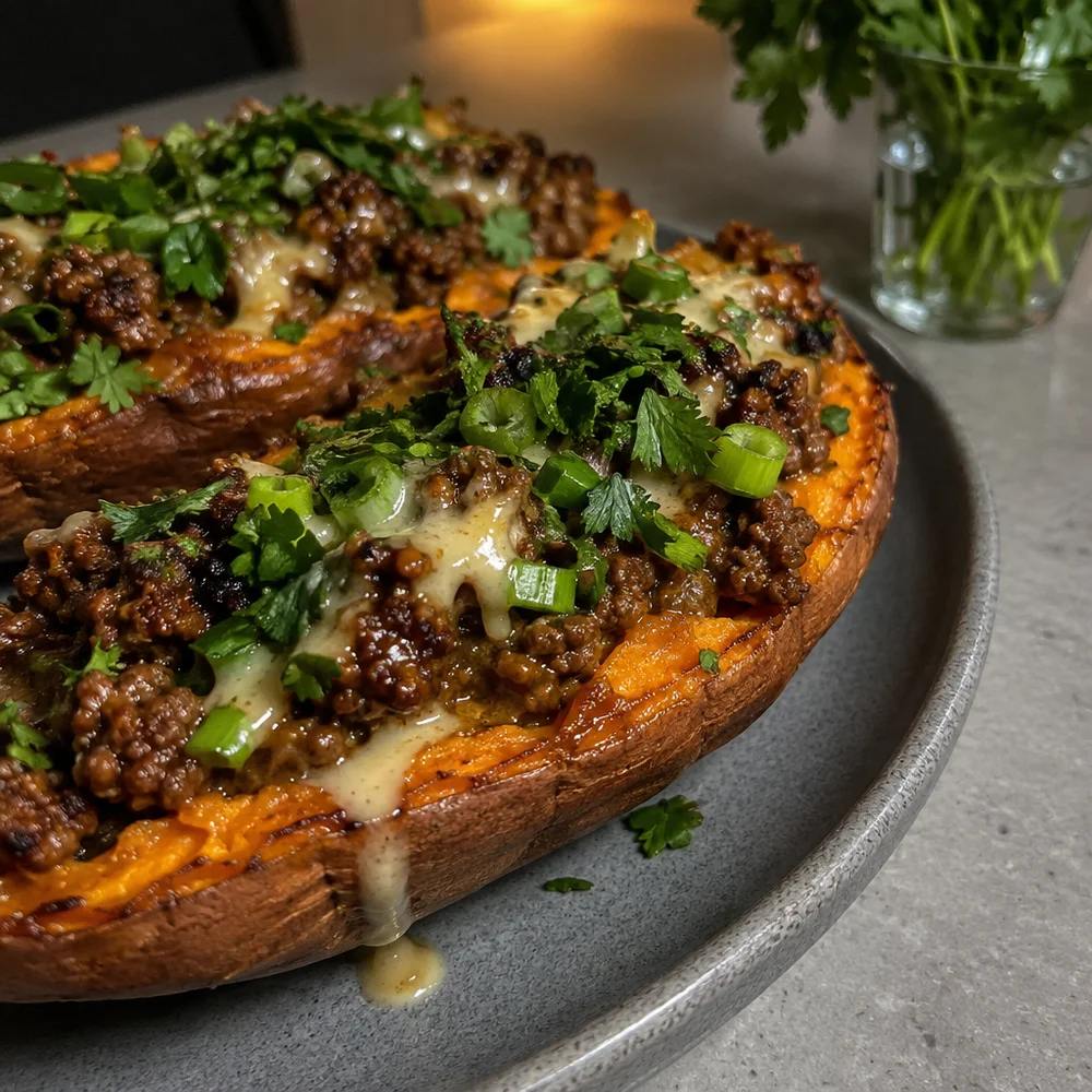 Paleo air fryer sweet potato boats with beef mince