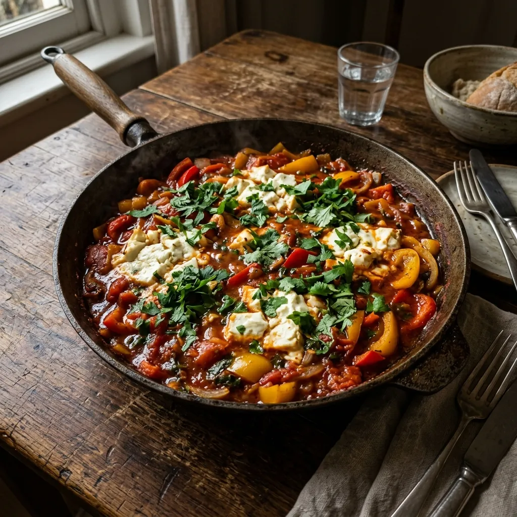 Quick pepper and tomato pan with sheep's cheese