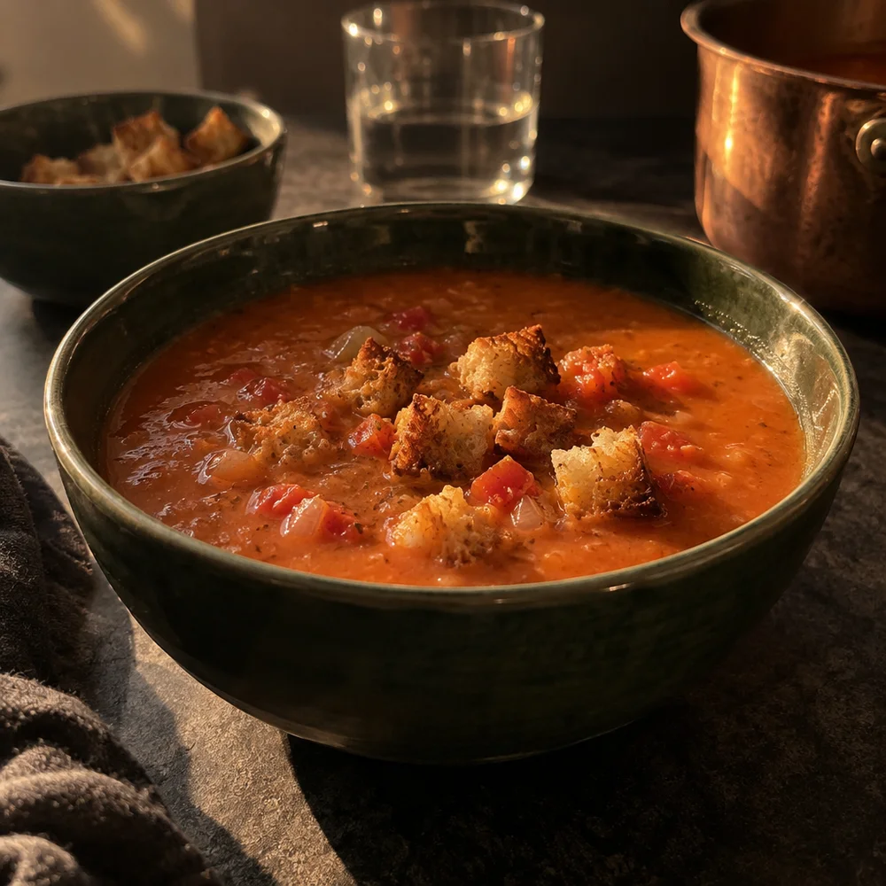 Quick red pepper and tomato soup with croutons