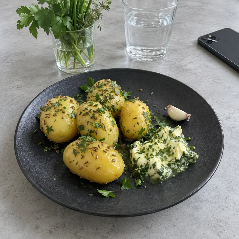 Potatoes boiled in their skins with caraway and herb butter for raclette