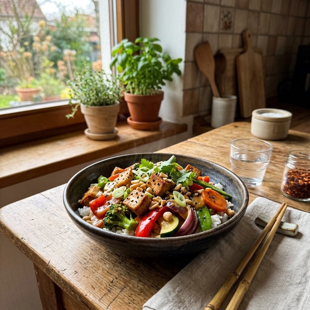 Vegan tofu and vegetable stir-fry with peanut sauce