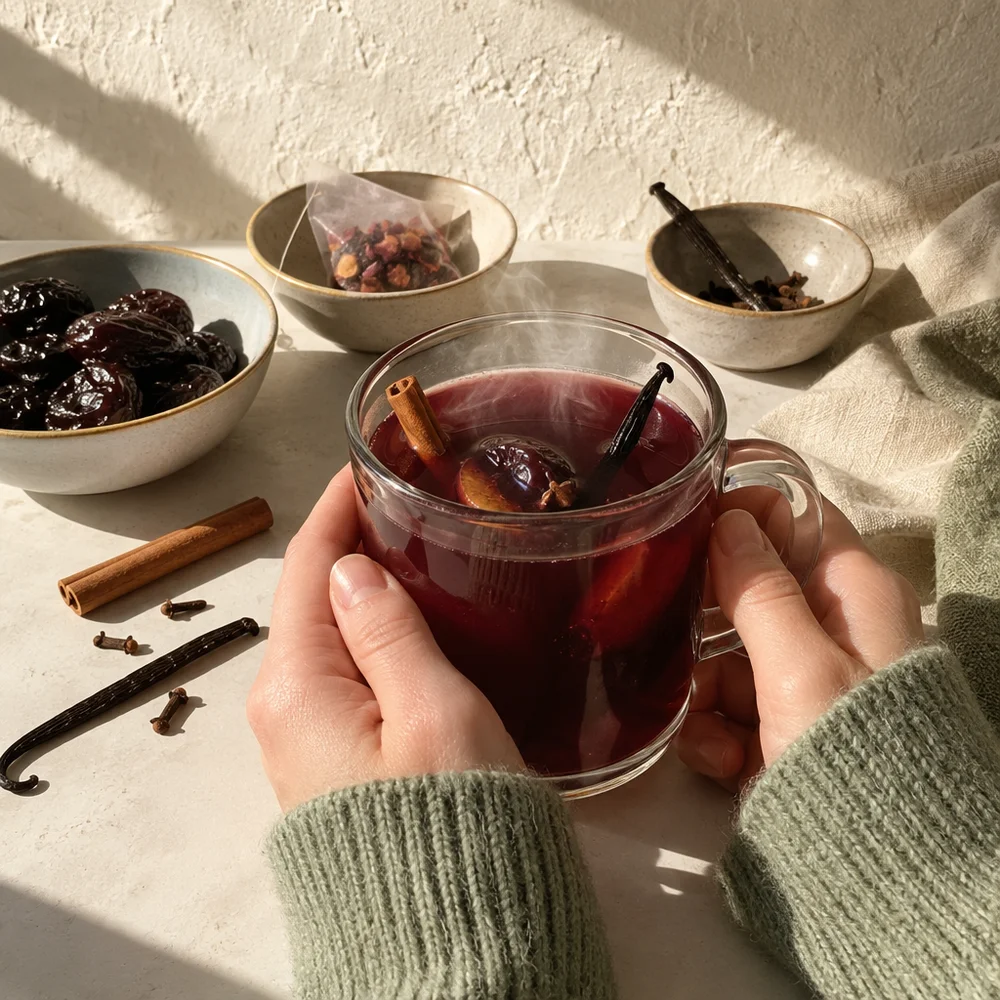 Plum punch with grape juice, cinnamon and vanilla