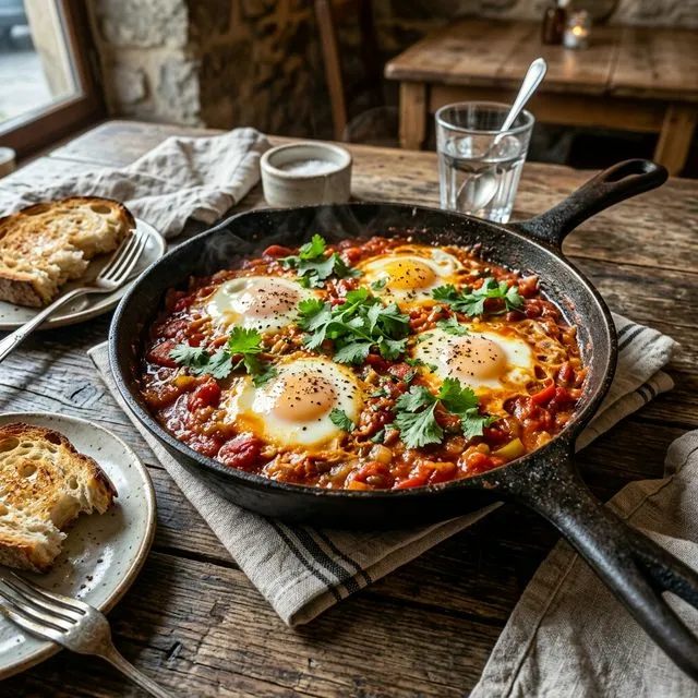 Spicy shakshuka with baked eggs and fresh coriander