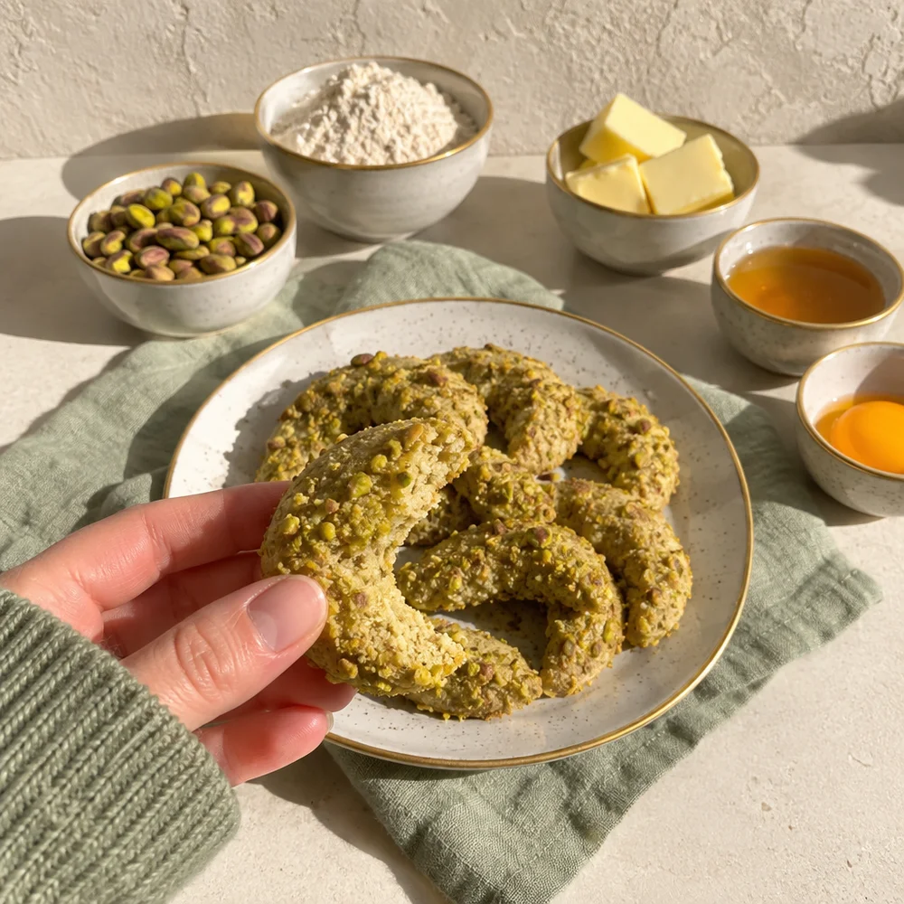 Pistachio Kipferl (crescent cookies) with spelt and honey