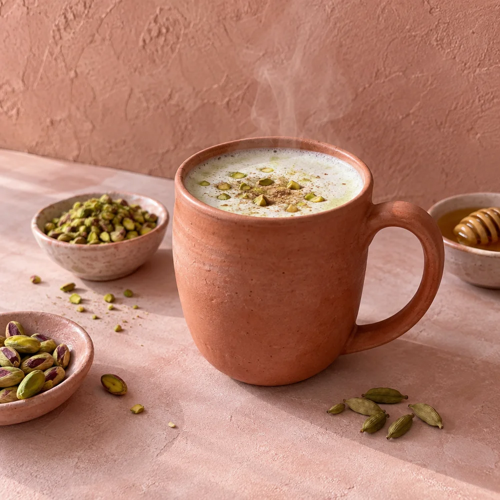 Pistachio latte with cardamom and honey