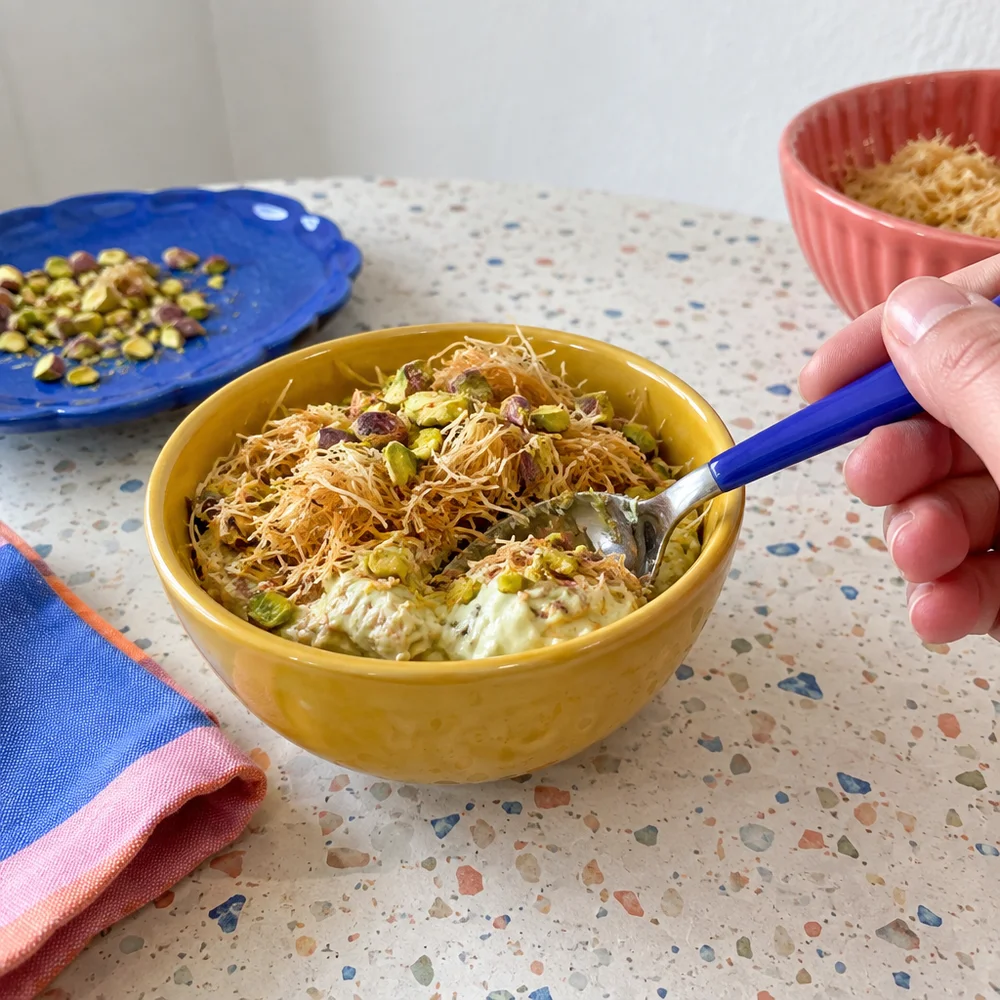 Dubai-style pistachio skyr cream with kataifi
