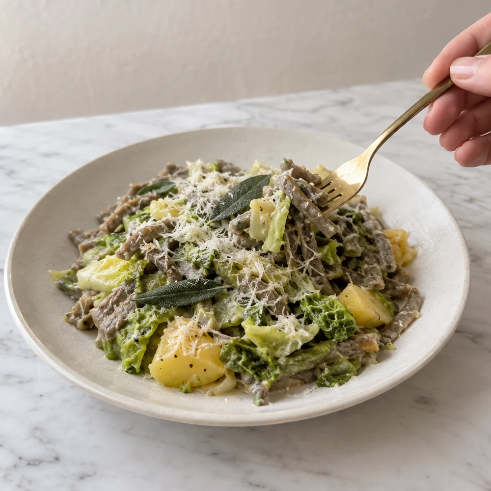 Pizzoccheri with savoy cabbage, potatoes and sage butter