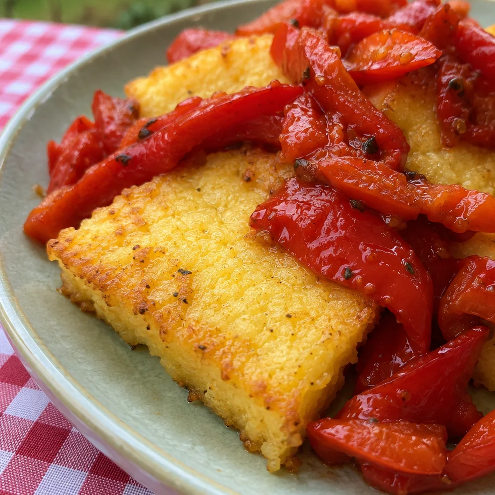 Mediterranean polenta slices with braised red pepper