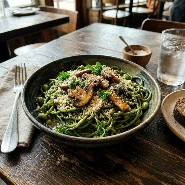 High-protein edamame pasta with truffle and cashew parmesan