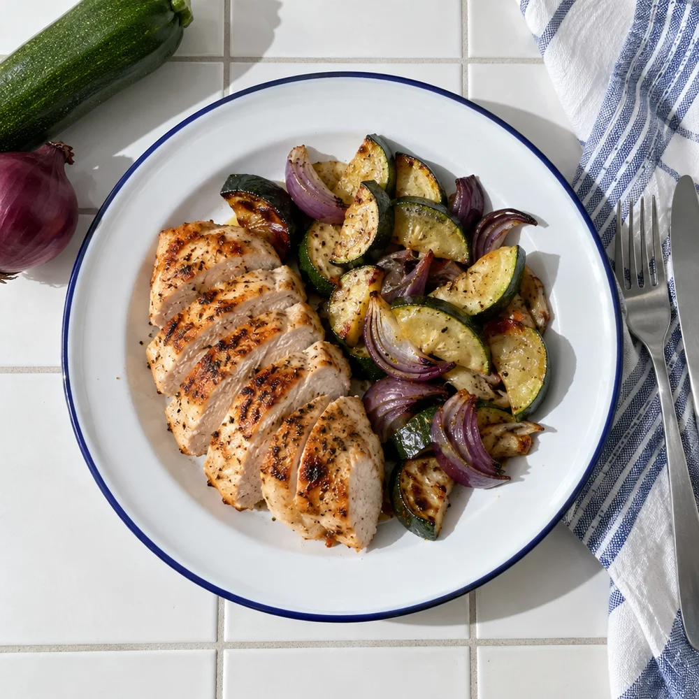Chicken breast with colourful roast vegetables