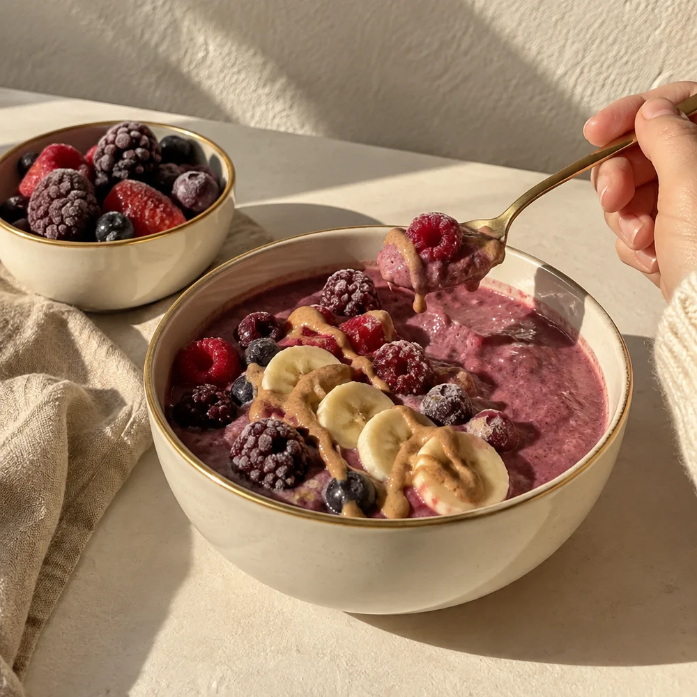 Protein-rich mixed berry smoothie bowl