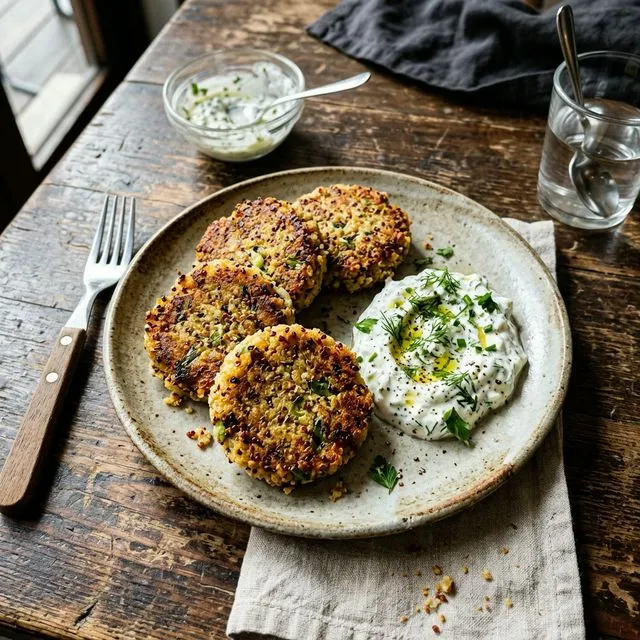 High-protein quinoa fritters with fresh herb quark