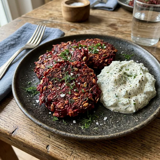 High-protein beetroot fritters with herb quark