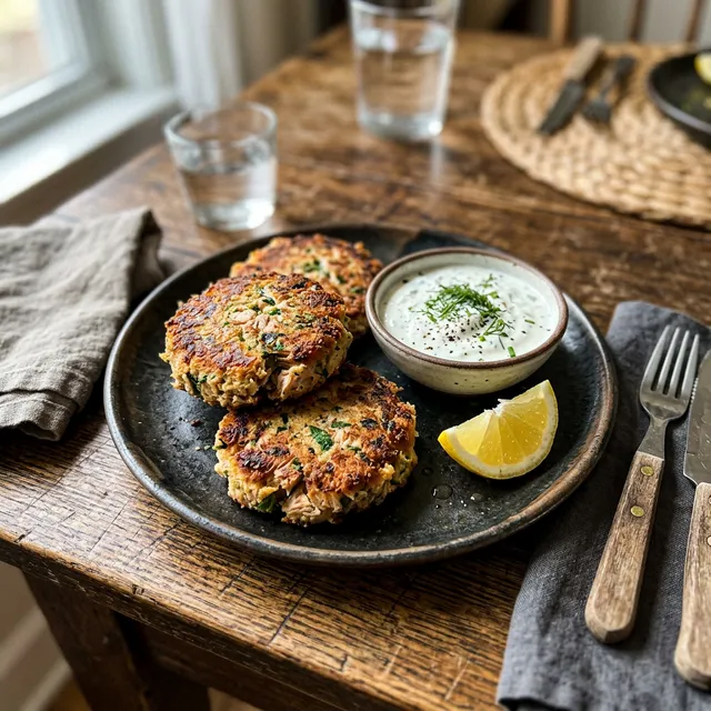 High-protein tuna patties with herb dip