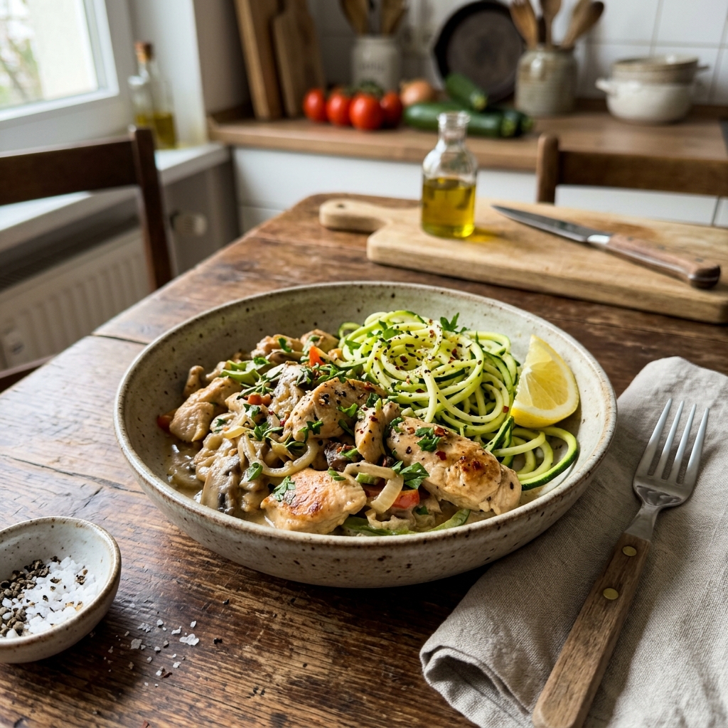 High-protein sliced chicken with courgette noodles