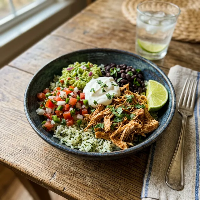 Pulled chicken burrito bowl with guacamole