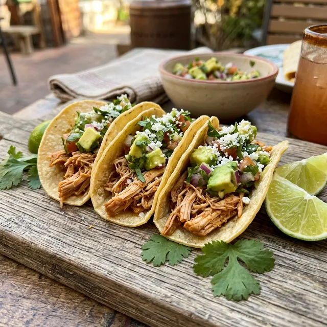 Pulled chicken tacos with avocado salsa