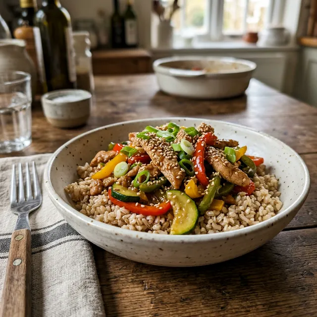 Turkey and vegetable stir-fry with brown rice