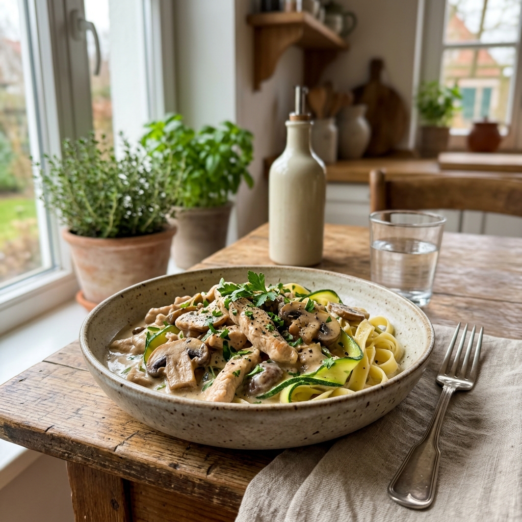 Sliced turkey with mushrooms and courgette noodles