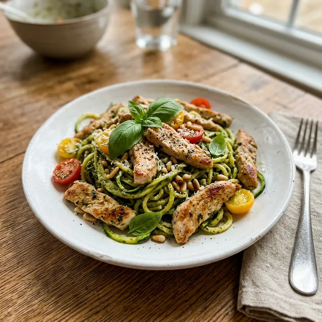 Turkey strips with courgette noodles and pesto