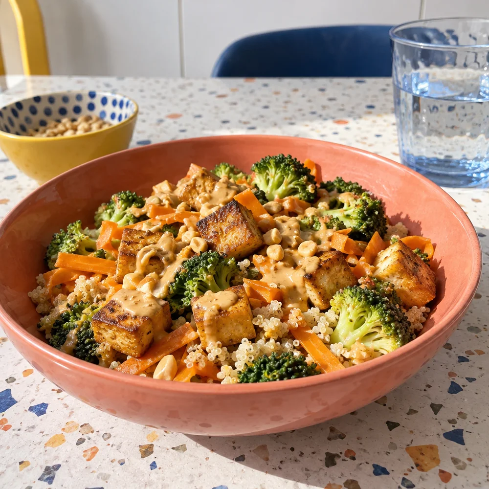 Vegan quinoa bowl with crispy tofu and peanut ginger dressing