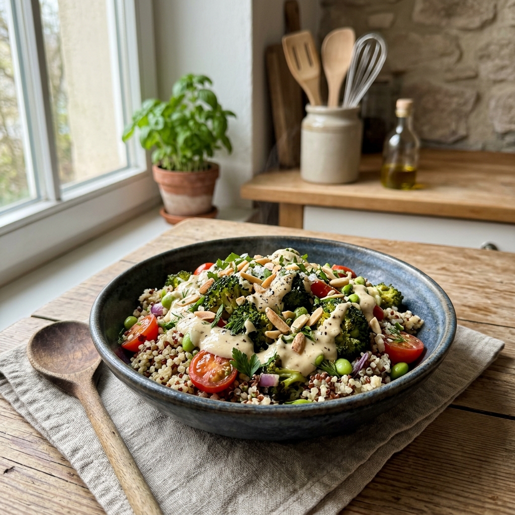 Vegane Quinoa-Pfanne mit Brokkoli und Mandeldressing