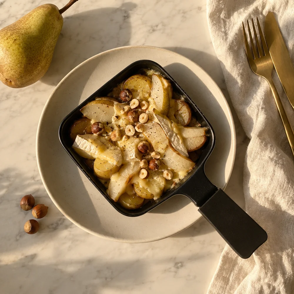 Raclette pans with pear, brie and hazelnuts