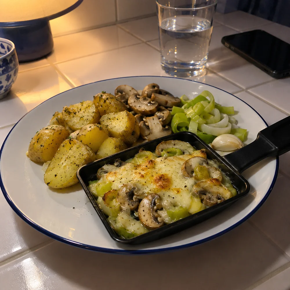 Raclette pans with mushrooms, leek and Alpine cheese