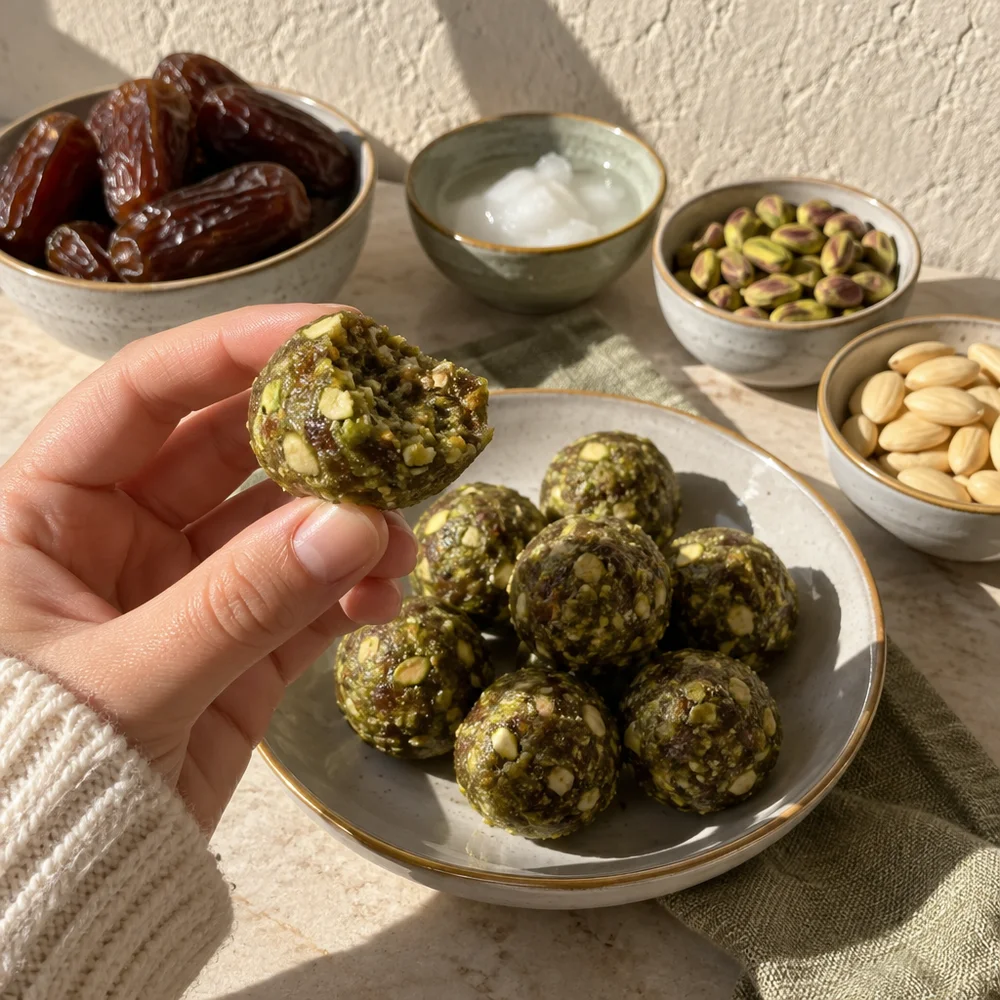 Vegan raw matcha energy bites with pistachios