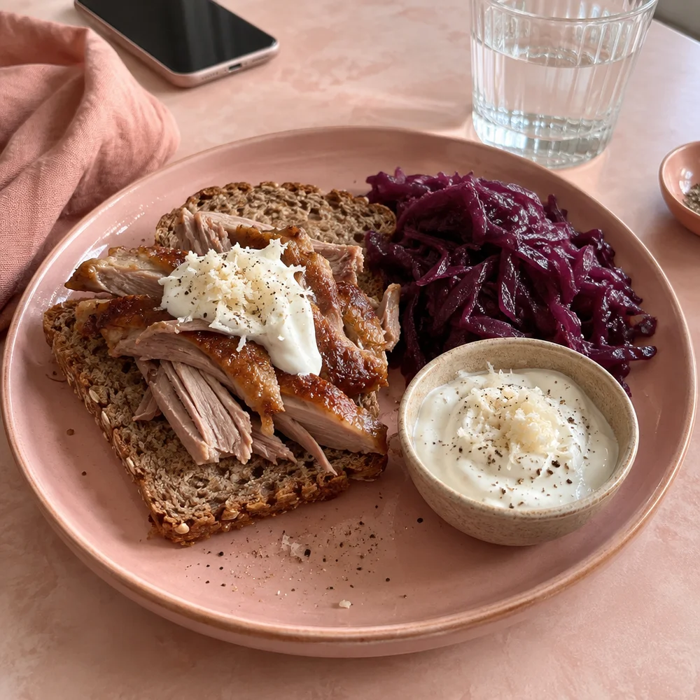 Wholegrain bread with leftover roast duck, red cabbage and horseradish quark
