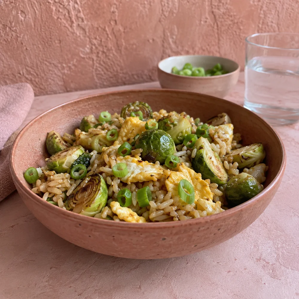 Leftover fried rice with Brussels sprouts, egg and ginger