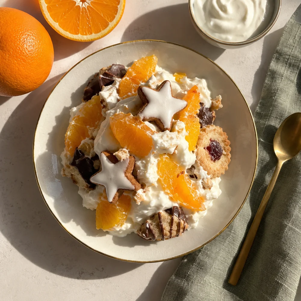 Leftover Christmas cookie trifle with quark and oranges