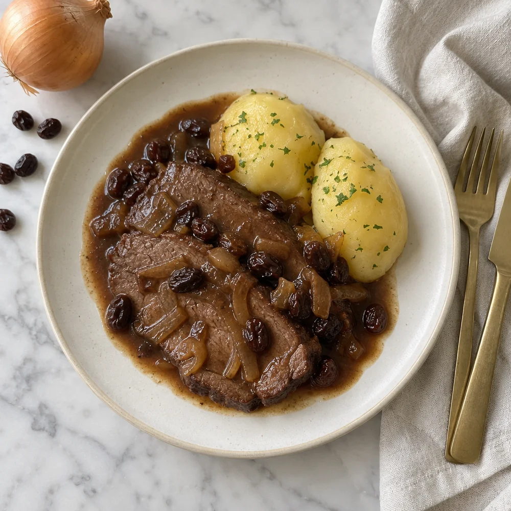 Rhineland sauerbraten with raisins and pumpernickel sauce