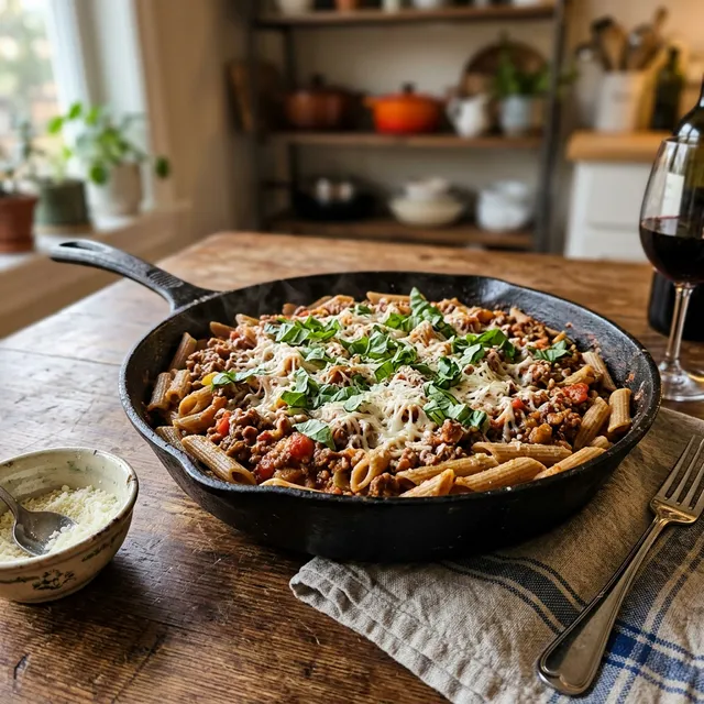 High-protein beef mince and spelt pasta pan with tomatoes