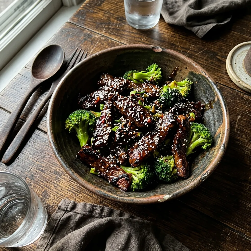 Beef strips with broccoli in soy sauce