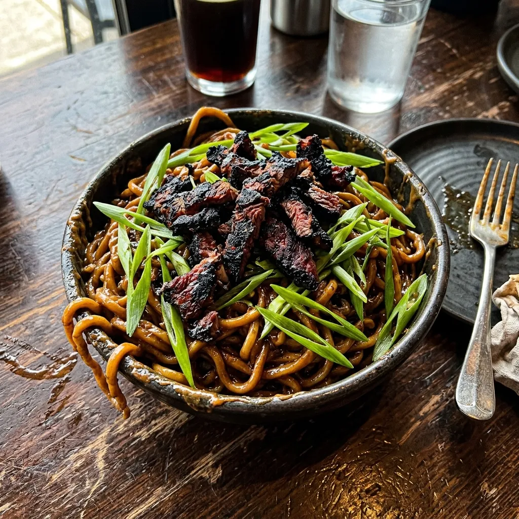 Asian beef strips on peanut noodles