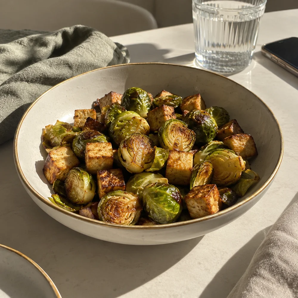Roasted Brussels sprouts with smoked tofu and maple syrup