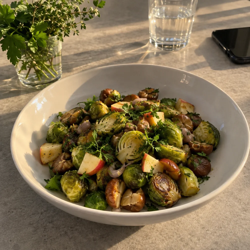 Pan-fried Brussels sprouts with chestnuts and apples