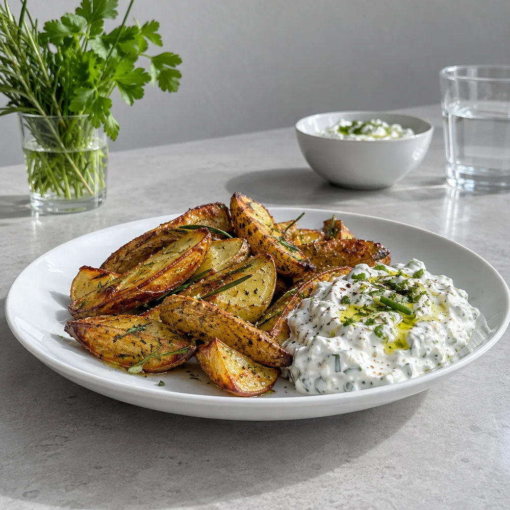 Air fryer rosemary potato wedges with garlic quark
