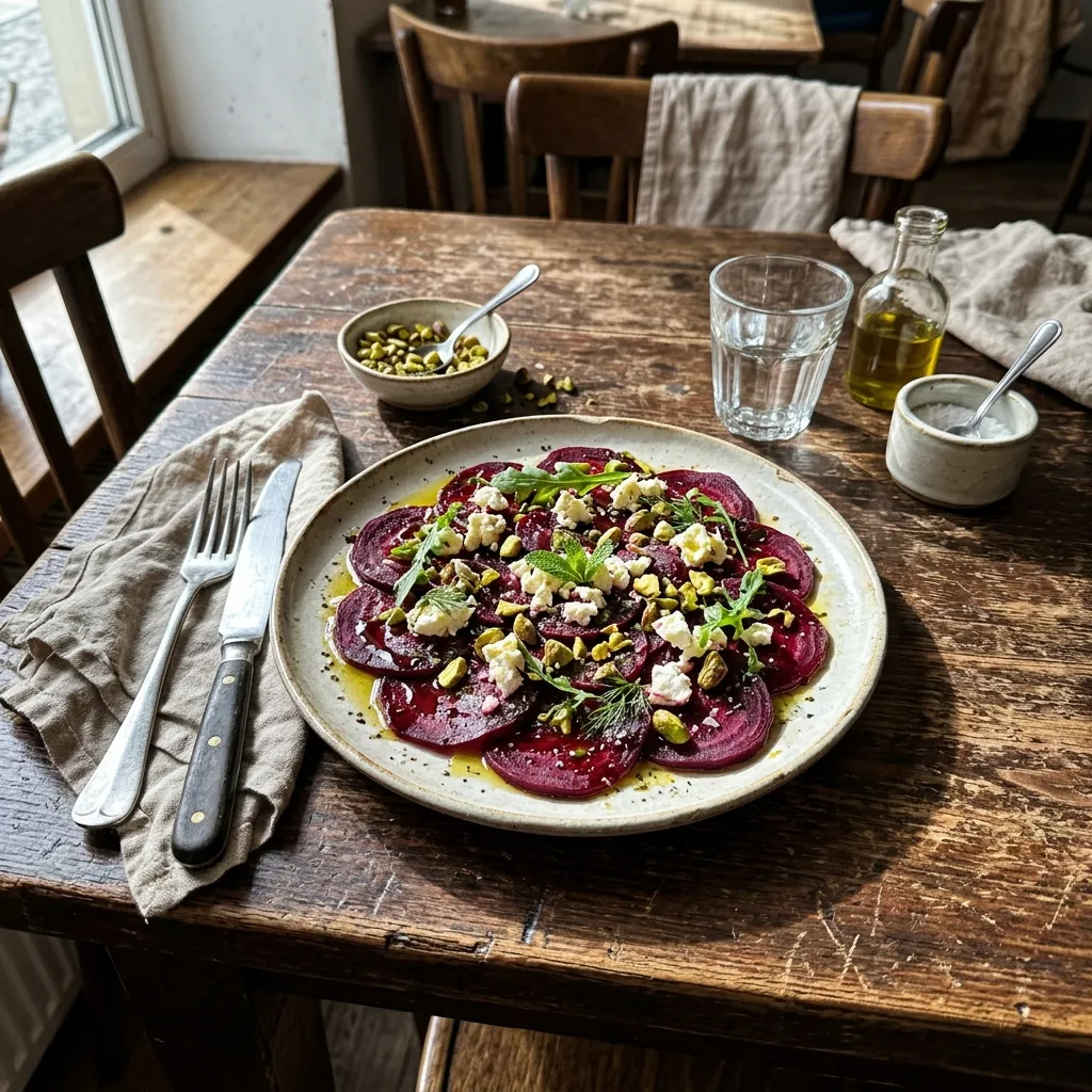 Beetroot carpaccio with feta and pistachios