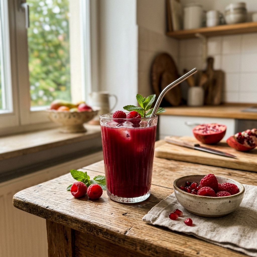 Vegan red pomegranate and raspberry juice