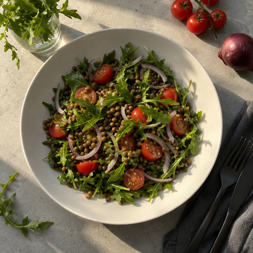 Vegan rocket and lentil salad