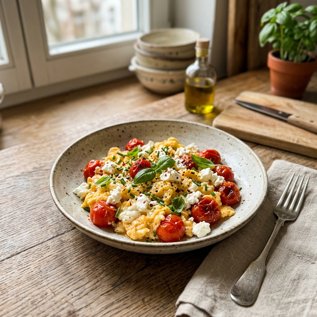 High-protein scrambled eggs with tomatoes and feta