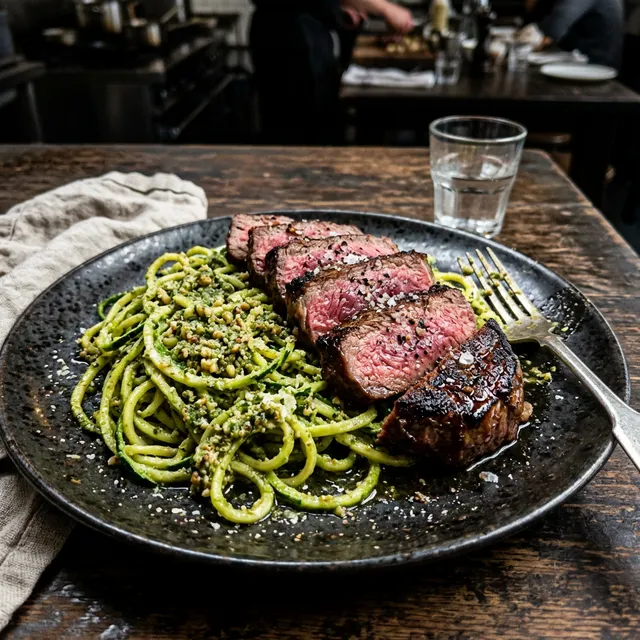 High-protein sirloin steak strips on courgette noodles