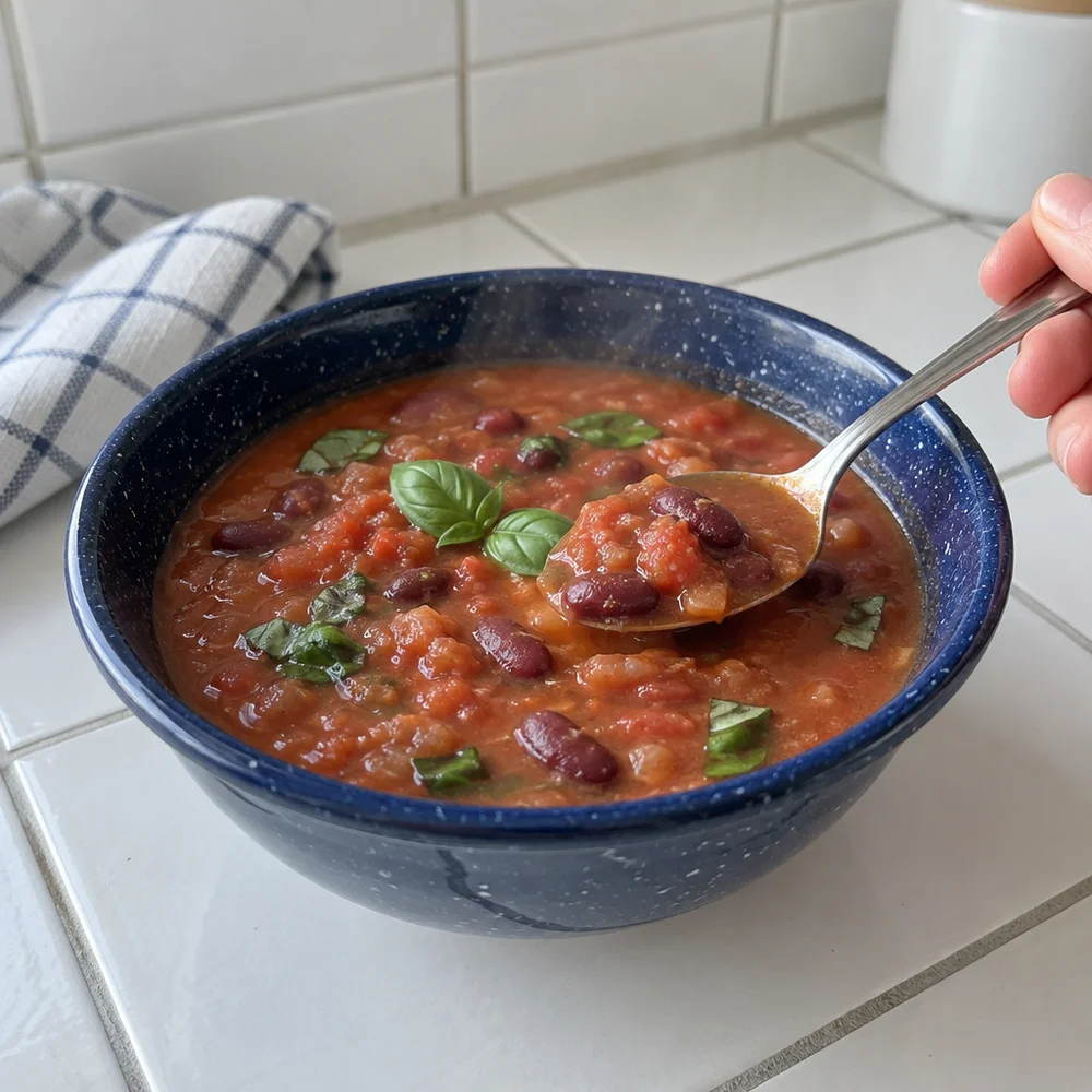 Vegan rustic tomato and bean soup with basil