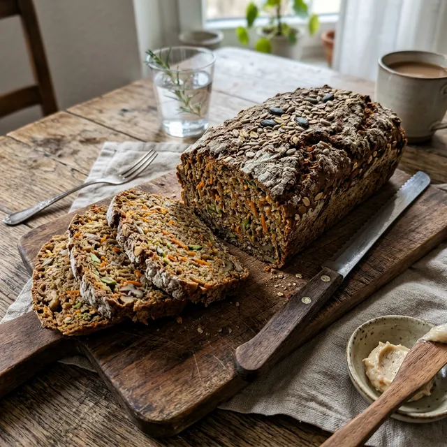 Rustic spelt and veg bread in a loaf tin