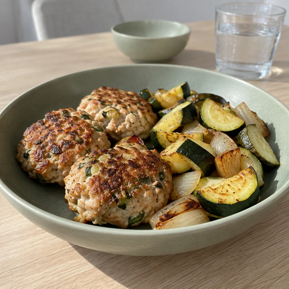 Juicy turkey patties with roasted vegetables